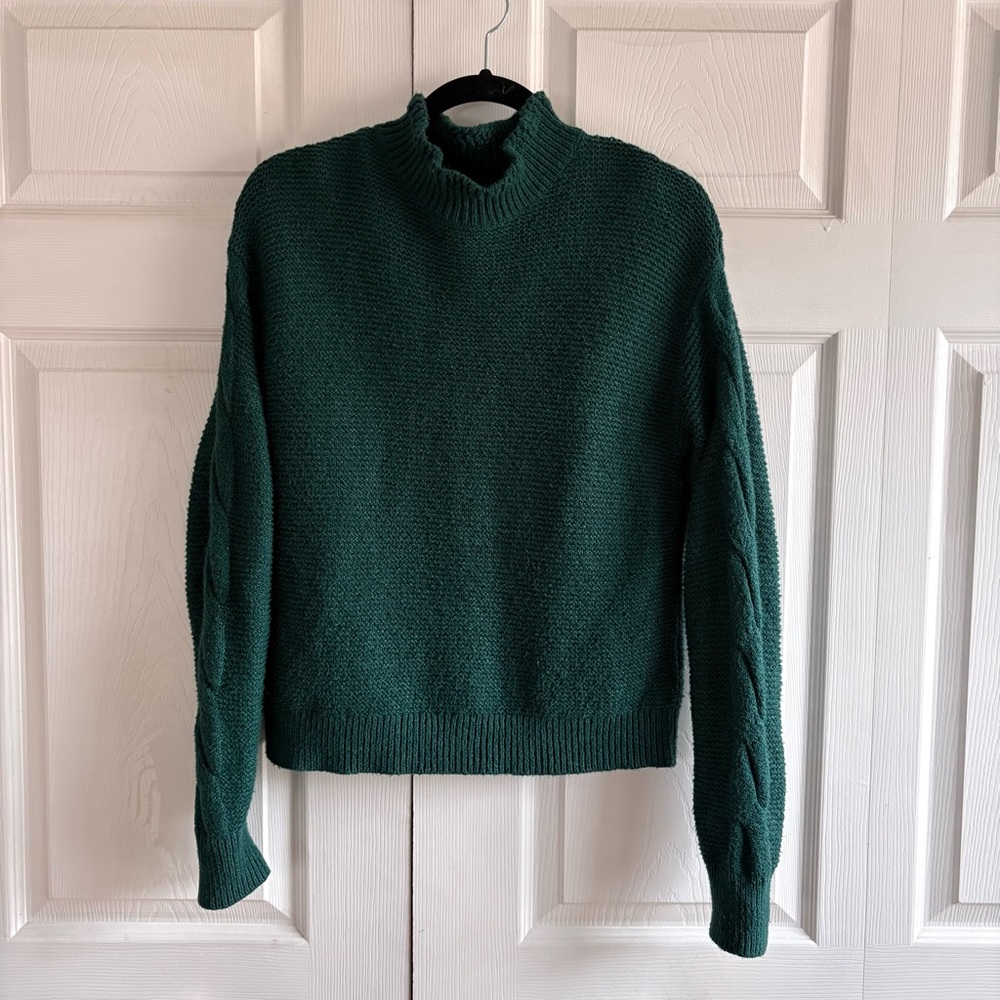J.Crew Mockneck Cable Sleeve Sweater Cotton Blend Green Preppy Career Academia S